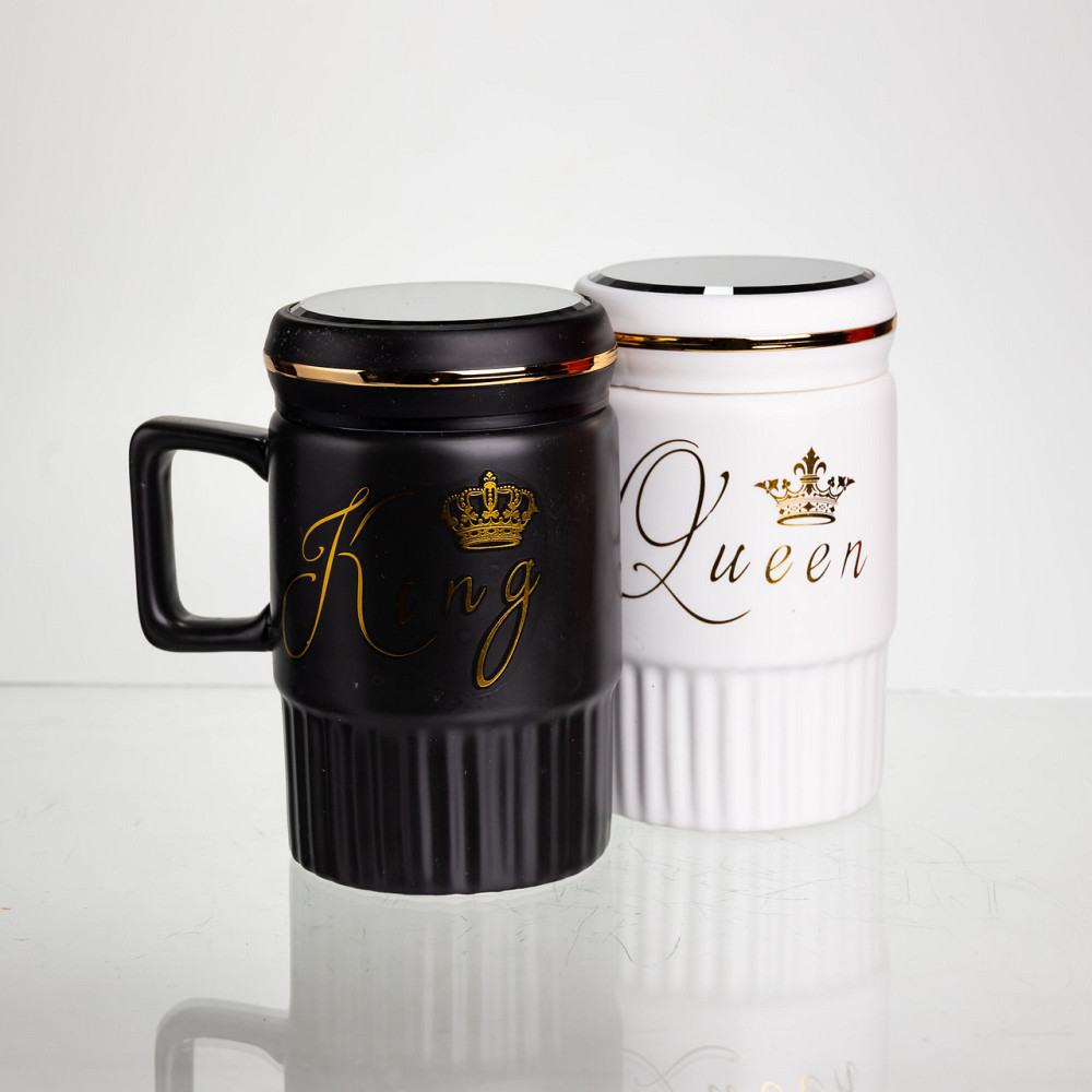 Набор парных фарфоровых чашек с крышкой 2 (шт) по 450 (мл) Черный с белым Yiwu FM-26 SBR Киев - изображение 5