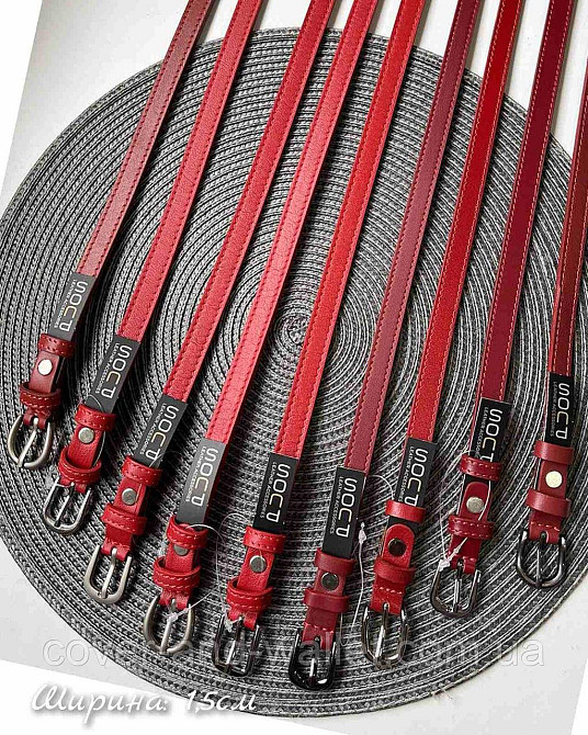 Вузький шкіряний пояс жіночий бордового кольору 15мм Puos Київ - фото 3