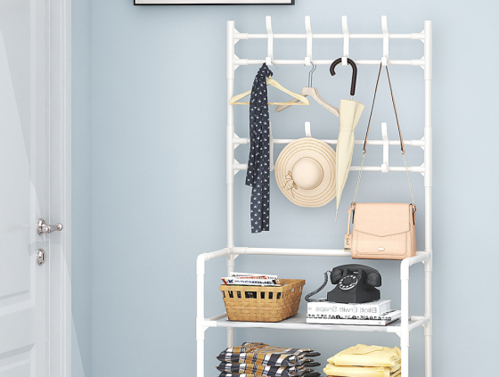 Поличка з вішаком для передпокою 25х60х150, Органайзер для взуття та одягу з 4 полицями, Білого кольору Кам'янець-Подільський