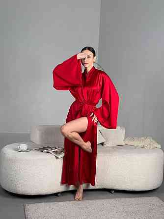 Женский домашний халат макси на запах из шелка армани Красный, 48/50 Одесса