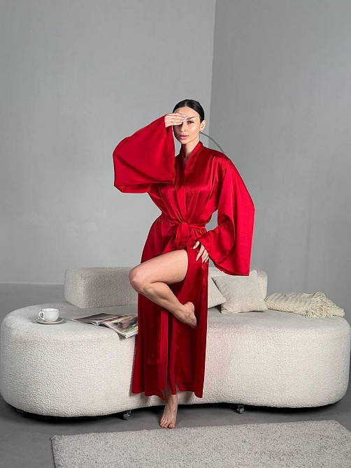 Женский домашний халат макси на запах из шелка армани Красный, 48/50 Одесса - изображение 2