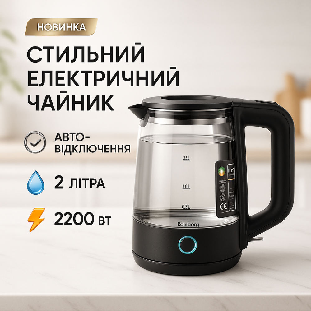 Электрический чайник для дома на кухню Rainberg, Электрочайник прозрачный с подсветкой стекло UL-48 Львов - изображение 13
