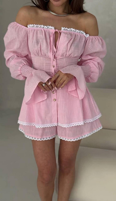 Жіночий стильний романтичний легкий костюм із натурального льону Рожевий, 44 Одеса - фото 1