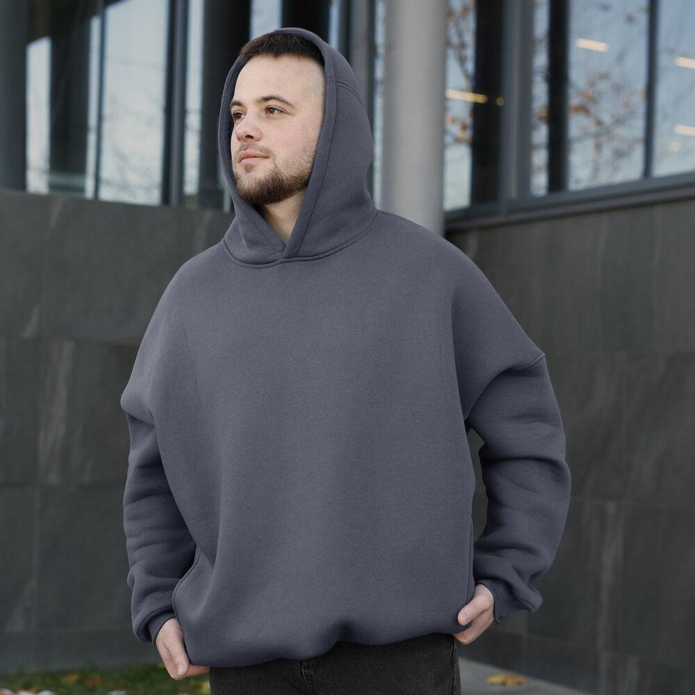 Темно-серое мужское худи оверсайз Pobedov Urbanist. Универсальный размер. Мужское зимнее худи Киев - изображение 3