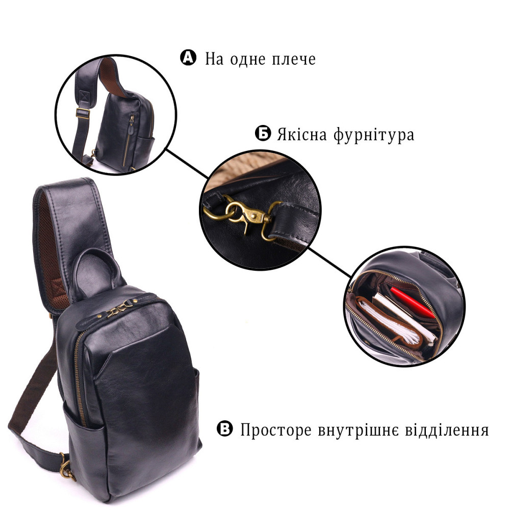 Надзвичайна сумка чоловіча через плече із натуральної гладкої шкіри Чорна (Vintage) Київ - фото 8