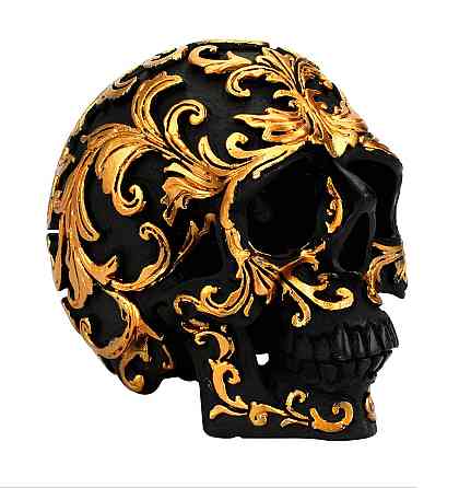Декоративный черный череп RESTEQ с золотыми узорами — интерьерная статуэтка из ПВХ для дома, офиса, бара или Хэллоуина Киев