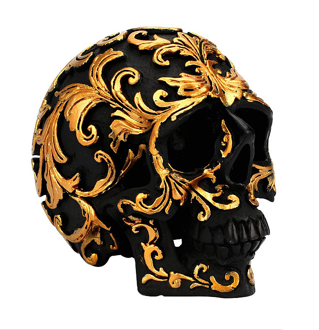 Декоративный черный череп RESTEQ с золотыми узорами — интерьерная статуэтка из ПВХ для дома, офиса, бара или Хэллоуина Киев - изображение 3