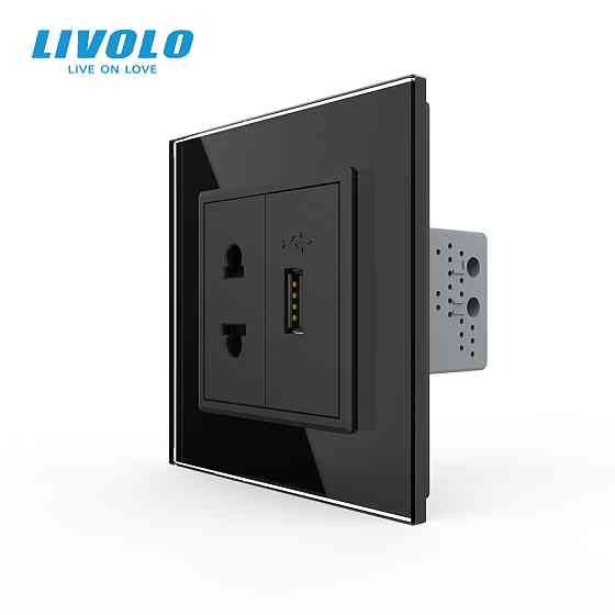 LIVOLO Розетка універсальна з USB розеткою Livolo чорний скло (VL-C7C1AUSB-12) Коломия
