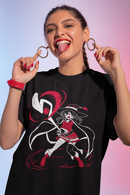 Футболка для хлопчика з аніме принтом Коносуба Мегумін Ваіфу Каваіі оверсайз (зріст від 165 до 180) Чорний AnimeJ0486m Дніпро - фото 1
