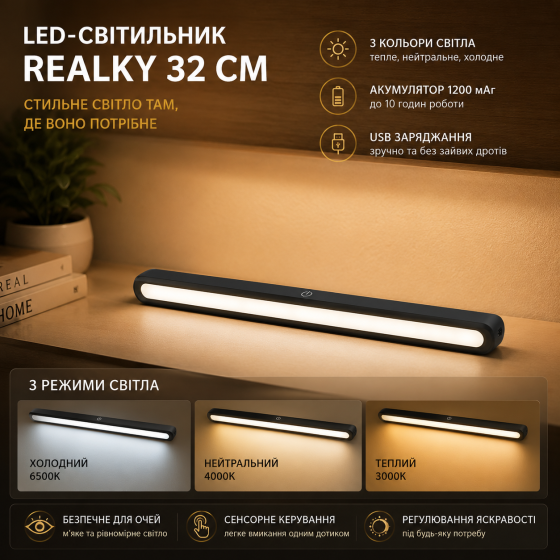Аккумуляторный LED-светильник Realky 32 см для кухни и шкафов, 3 цвета света, USB, черный Киев