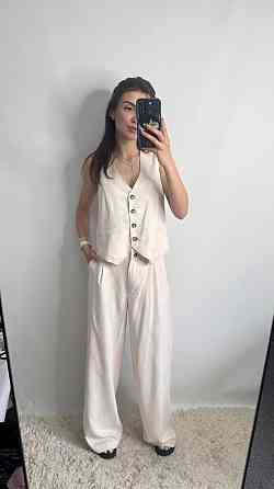 Лляний костюм-трійка в класичному стилі Пудровий XS-S Харків