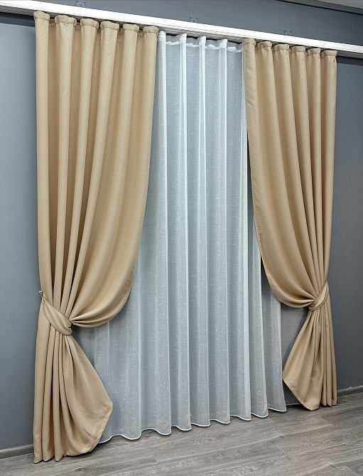Комплект штор VR-Textil Лен Мешковина 200х270 2шт и Тюль 500х270 1162ш-115т Бежевый с белым 71-018/6 Киев - изображение 2