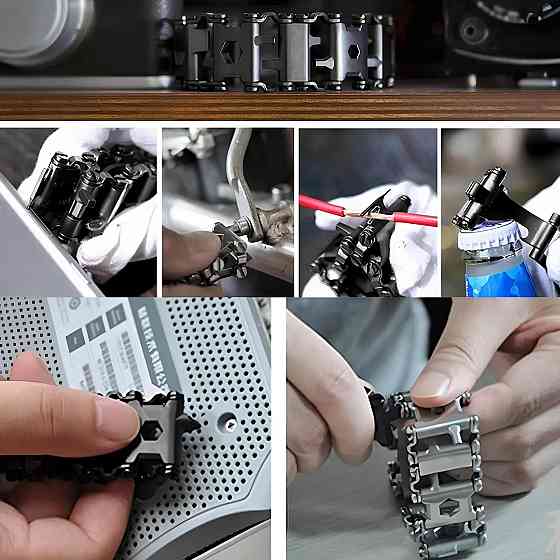 Чоловічий браслет-мультитул RESTEQ Tread Metric-Stainless — стильний металевий браслет 29 в 1, чорний колір Київ