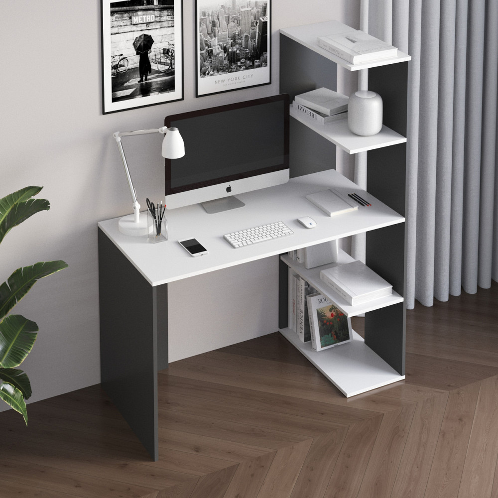 Компьютерный стол VAYS M-17 Антрацит-Белый, письменный с боковым стеллажем справа, ЛДСП, 120×60×148 см - для дома, учебы Львов - изображение 1