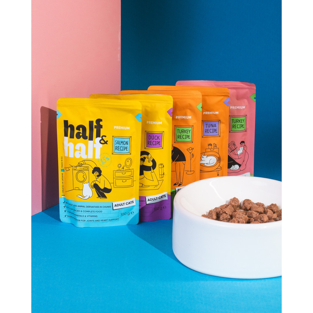 Корм влажный Half&Half для взрослых кошек, кусочки с лососем в желе в форме пауча, 100 г Винница - изображение 5