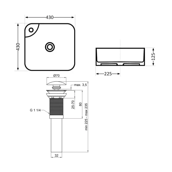 Комплект Qtap Stork: Раковина накладна квадратна 430x430x125 мм White + Донний клапан PU02 Київ