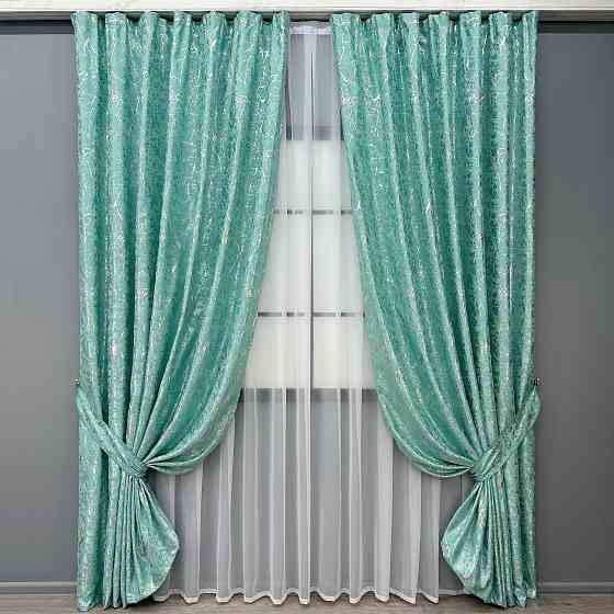 Комплект готових штор VR-Textil Льон мармур Royal Touch № 2010ш Бірюзовий 200х270 см 2 шт (32-484) Київ