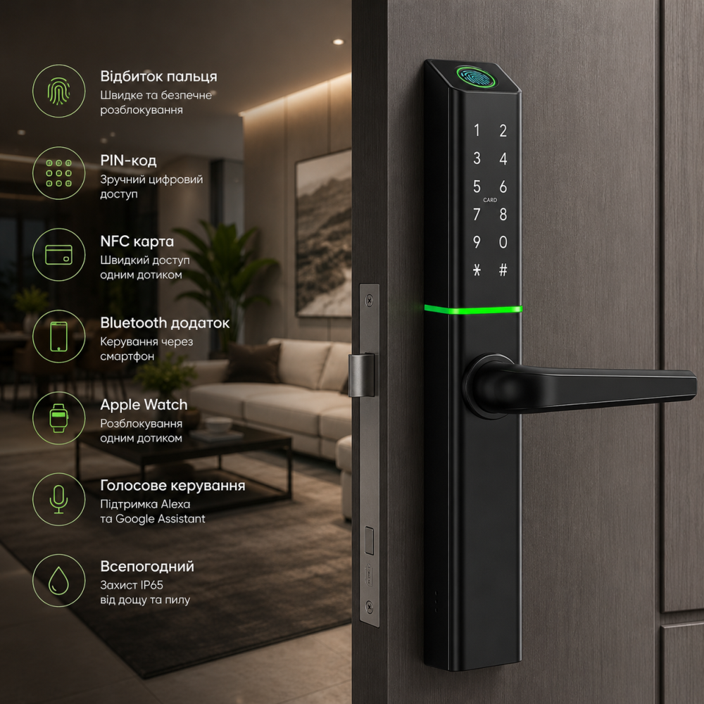 Розумний дверний замок Ruveno з ручкою, відбиток пальця, Bluetooth, PIN-код, NFC, Apple Watch, Alexa, всепогодний Київ - фото 9