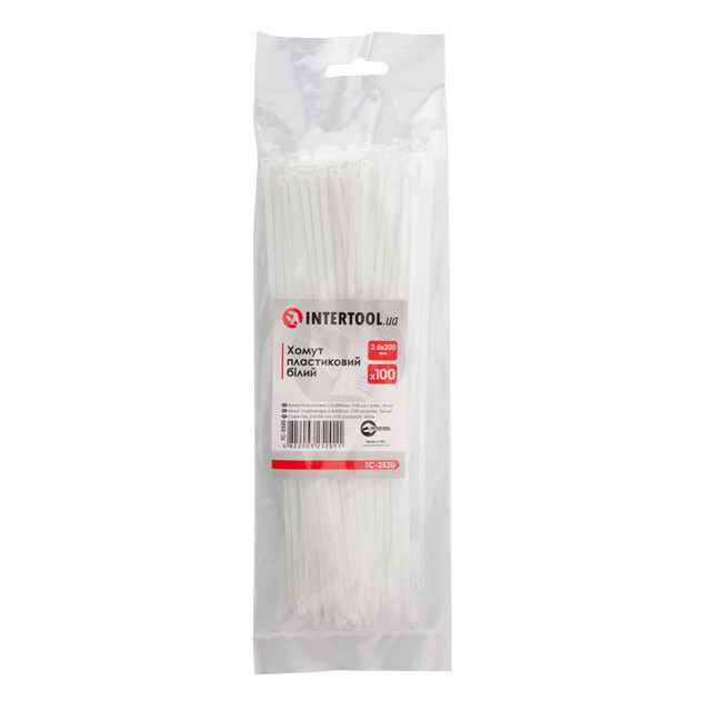 Хомут пластиковый, 2,5×200 мм, 100 шт/упак, белый INTERTOOL TC-2520 Киев - изображение 1