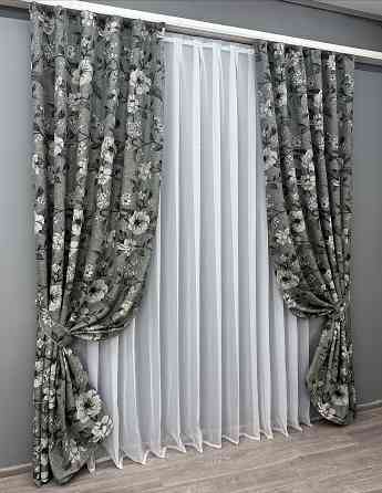 Комплект готових штор VR-Textil Льон з квітковим принтом "Прованс" № 1724ш Сірий 200х265 см 2 шт (32-315) Київ