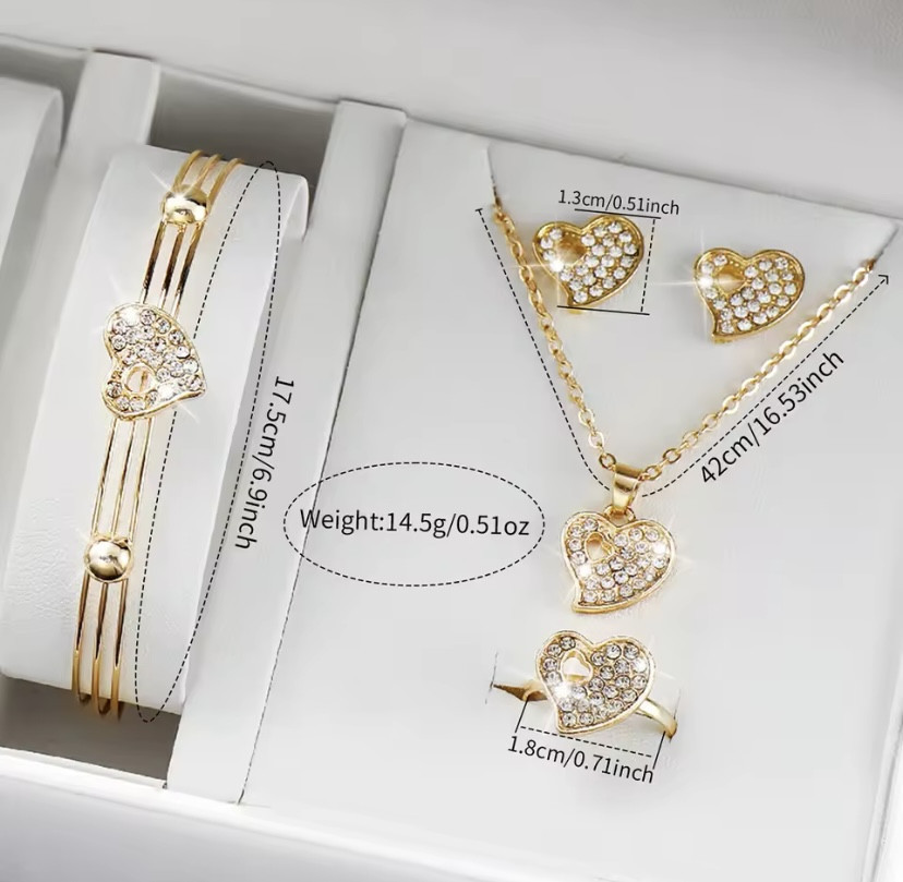 Подарунковий набір для жінок Серце з камінням наручний годинник каблучка каблучка браслет намисто та сережки золотий Київ - фото 6