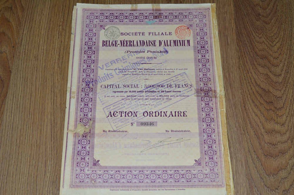 Акція. BELGE-NEERLANDAISE D ALUMINIUM. 1922 рік №09346 (82) Полтава - фото 1