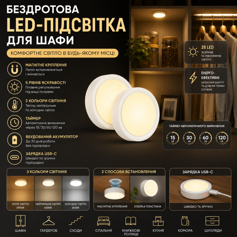 Уцінка: Бездротова LED-підсвітка для шафи (USB-C, магнітна) — 3 кольори, димер та таймер для вашого комфорту Київ - фото 7