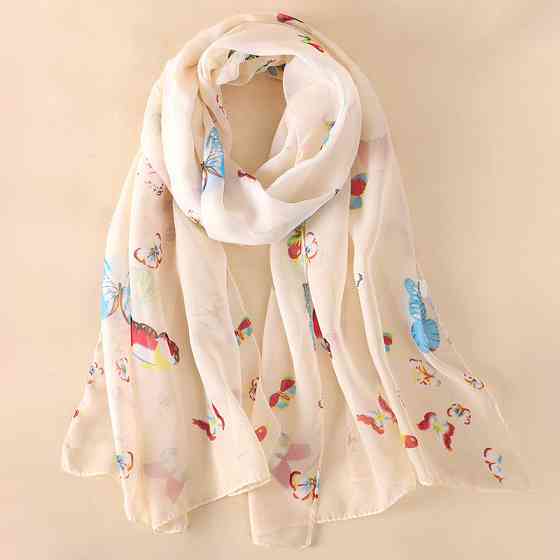 Женский шифоновый шарфик с принтом бабочек 145 на 48 см бежевый Киев