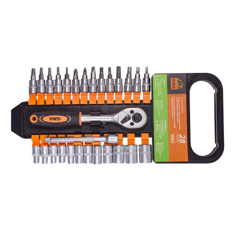 Набор головок та біт з тріскачкою 28пр. 1/4'' (4-13мм; Torx:T10-T30; Hex:H3-H6; Slotted:SL4.5-SL7; Philips: PH1-PH2) Одеса - фото 1