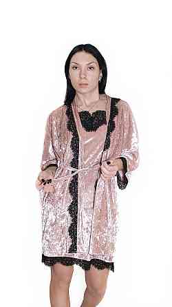 Халат жіночий із мармурового велюру під пояс Бежевий XL/2XL Харків