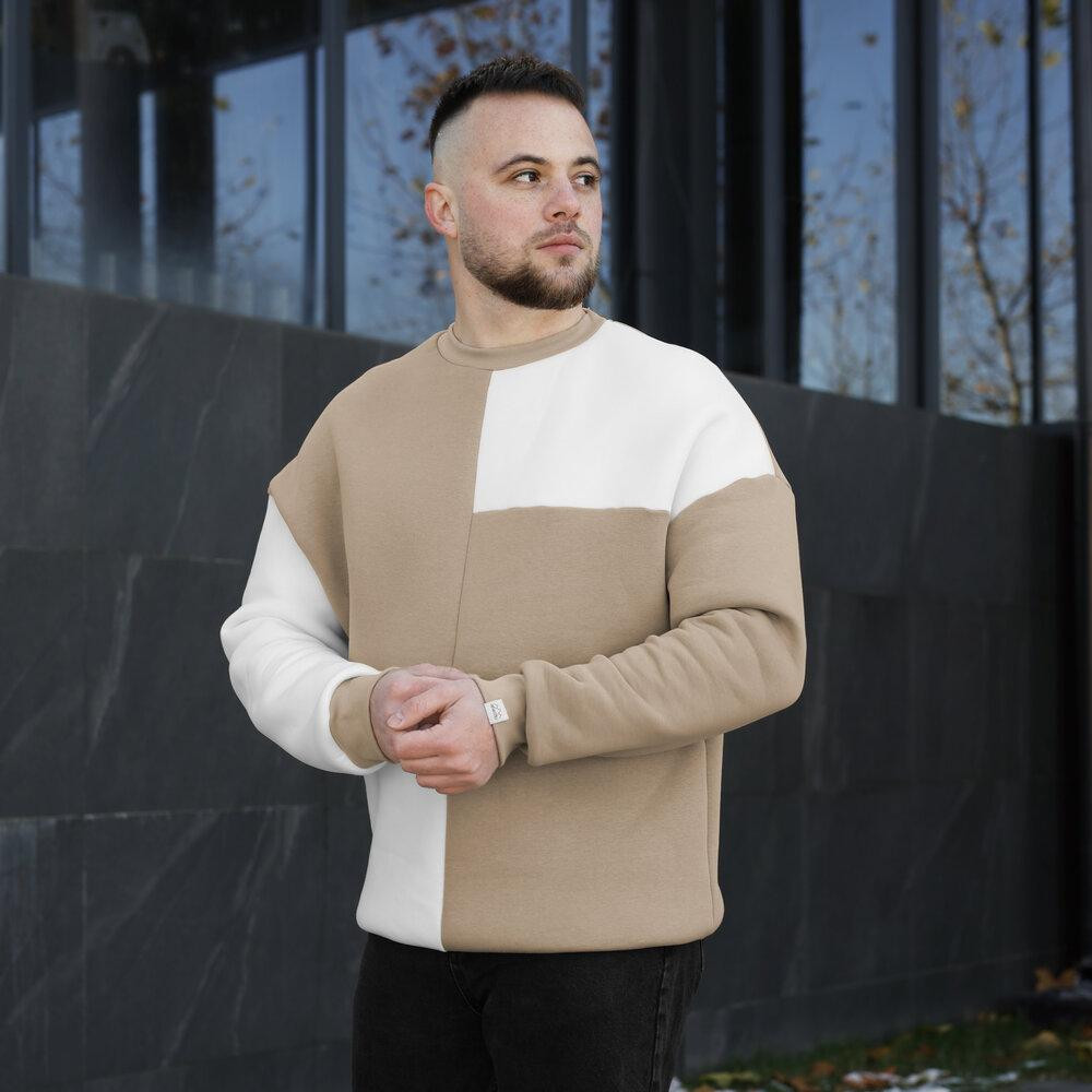 Мужской двухцветный стильный свитшот Pobedov The One. Свитшот оверсайт осенне-зимний молочно-песочный Киев - изображение 8