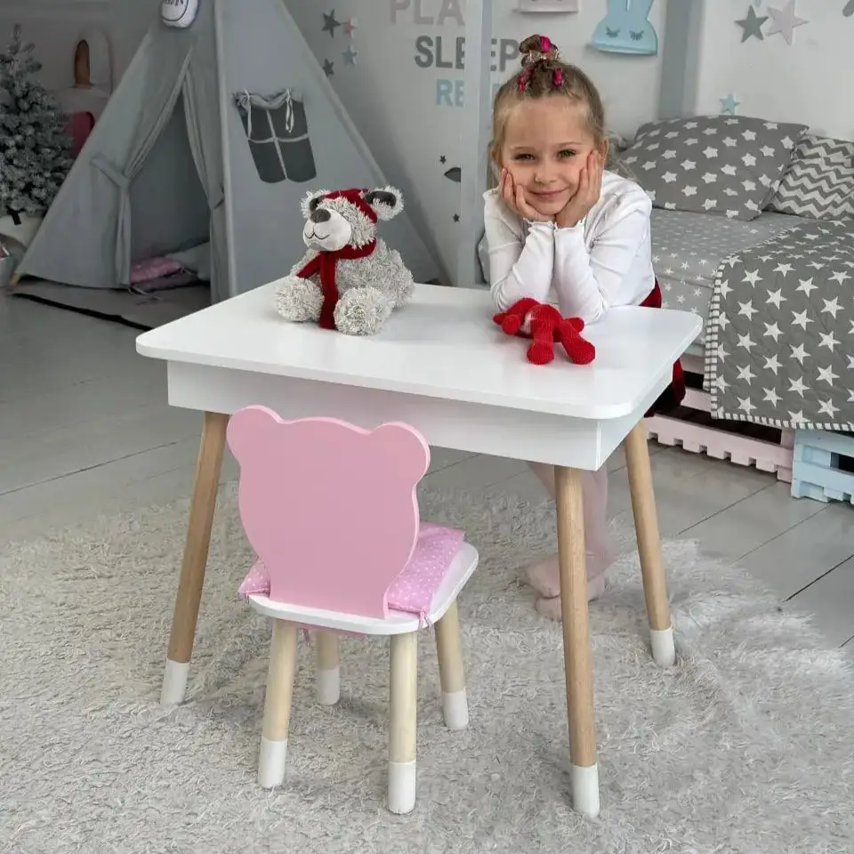 Детский столик с ящиком для карандашей + стульчик Мишка (Белый с розовым) Винница - изображение 2