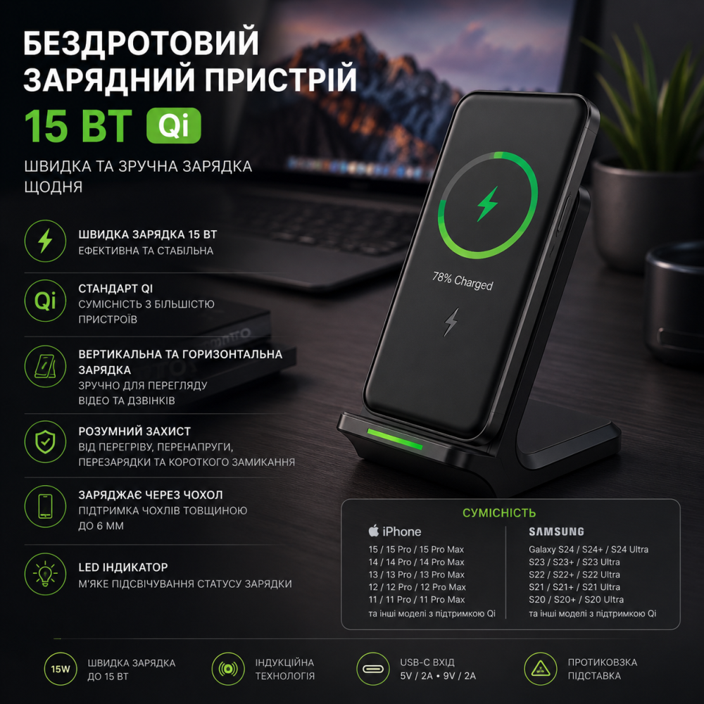 Уцінка Бездротовий зарядний пристрій 15 Вт Qi | Індукційна зарядна підставка для iPhone 15/14/13/12, Samsung Galaxy, Black Київ - фото 9