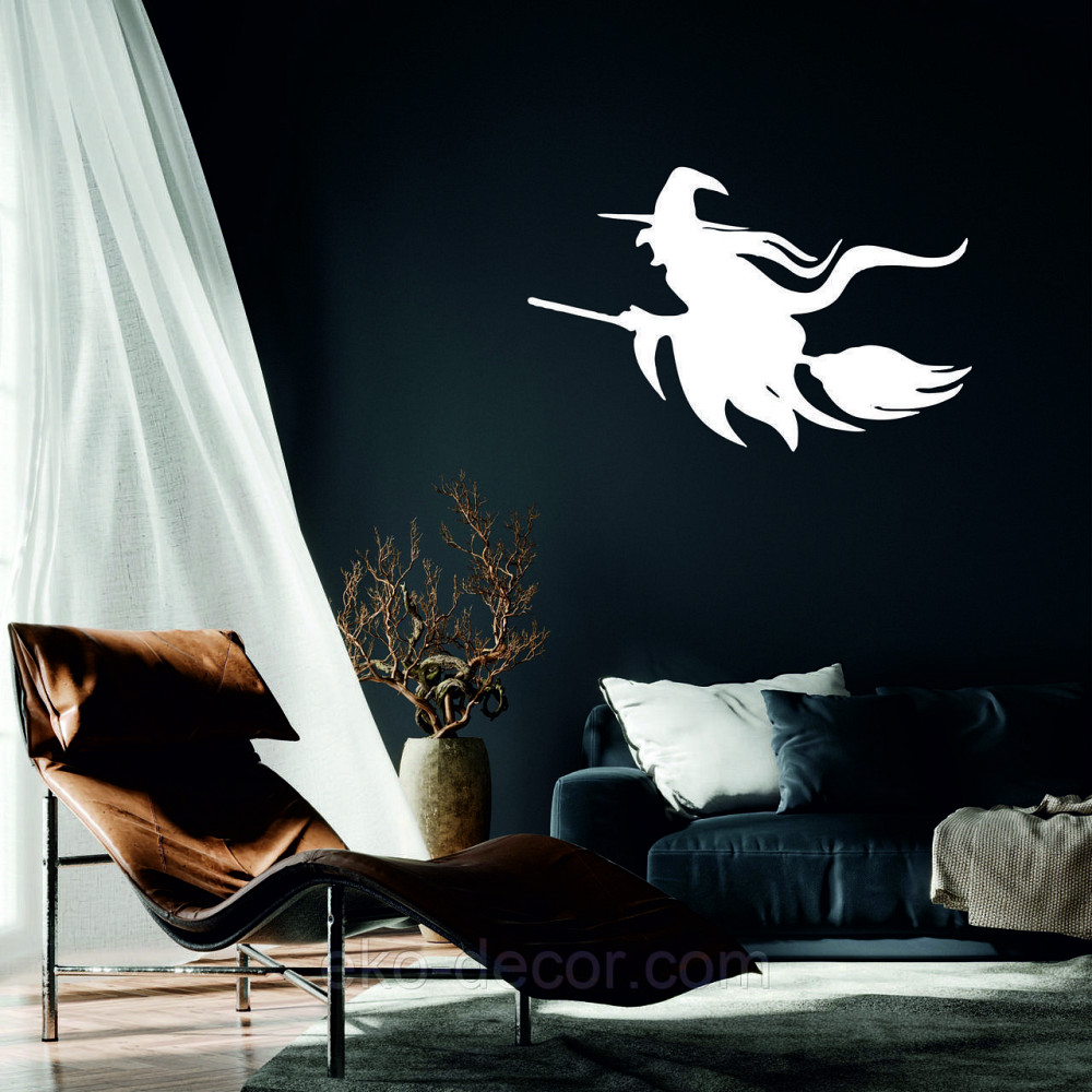 Декоративное настенное Панно «Ведьма на метле с котом», Декор на стену 110*70 см, Белый Киев - изображение 1