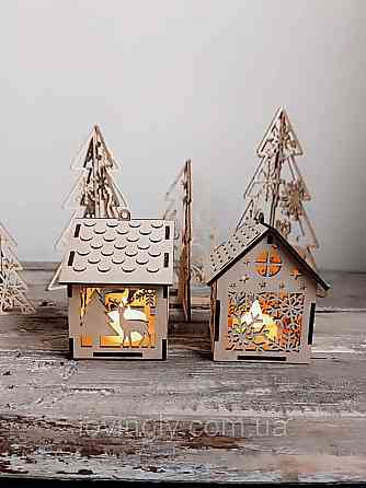 Набір підвісок з LED свічками, два дерев'яні будиночки 13 см. Ірпінь