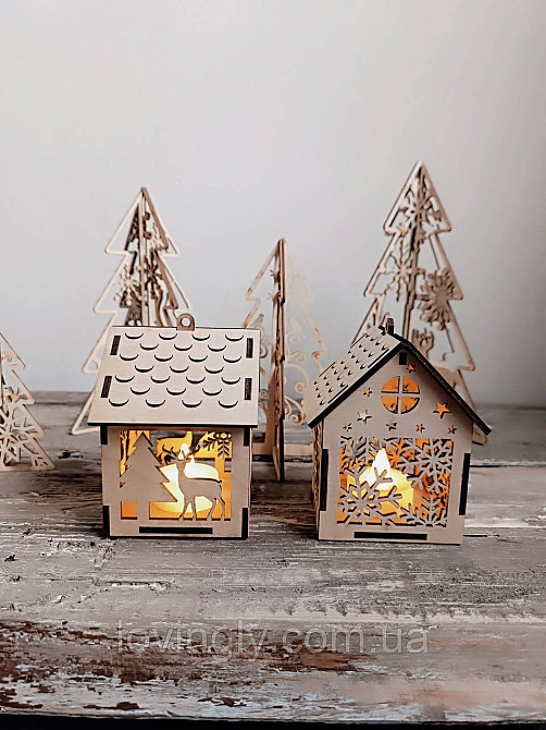 Набор подвесок с LED свечами. Два деревянные домики 13 см с подсветкой. Ирпень - изображение 4