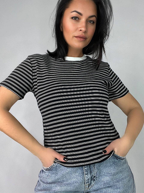 Футболка жіноча A-N 25189 в смужку базова модель середня довжина one size, чорний, one size Київ - фото 10