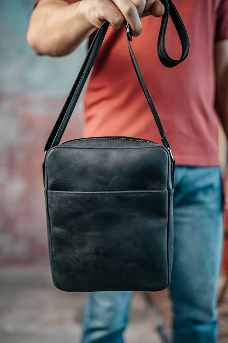 Чоловіча каркасна барсетка, чорна сумка через плече з натуральної шкіри Crazy HorseMasterSem Київ - фото 6