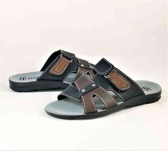 Мужские Шлёпанцы Тапочки Сланцы Чёрные с Коричневым Кожаные (размеры: 41,42,44,45) Днепр