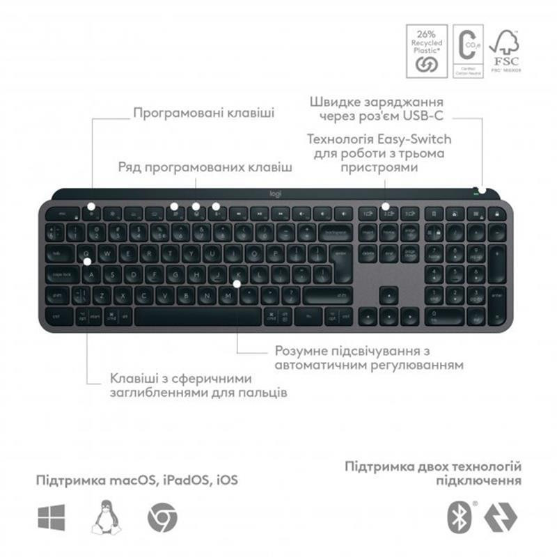 Клавіатура бездротова Logitech MX Keys S Graphite (920-011593) чорний, сірий Харьков - изображение 4