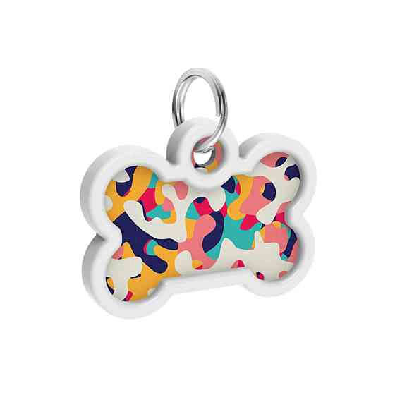 Адресник для собак і котів металевий WAUDOG Smart ID з QR паспортом, малюнок "Камо різнокольоровий", кістка, Д 40 мм, Ш 28 мм Київ