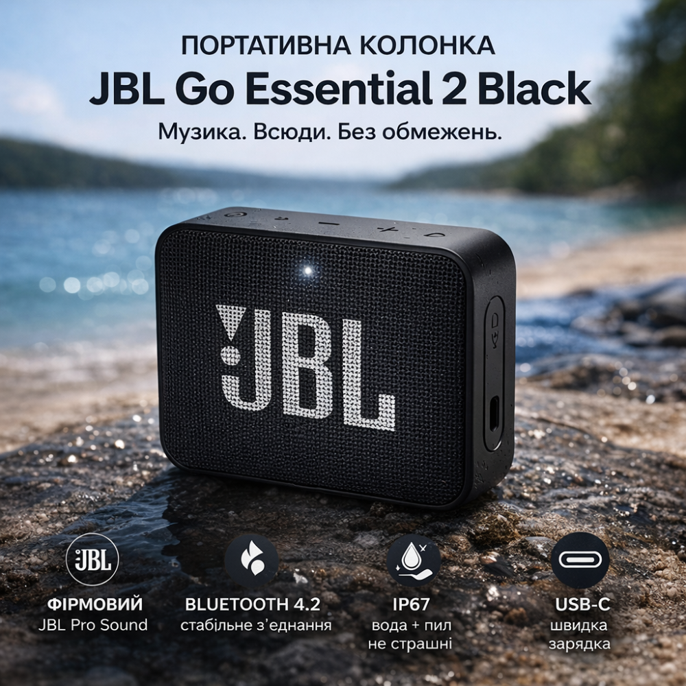 Портативная колонка JBL Go Essential 2 Black | Bluetooth 4.2, 3.1 Вт, IP67, до 5 ч, USB-C, компактная акустика Киев - изображение 2