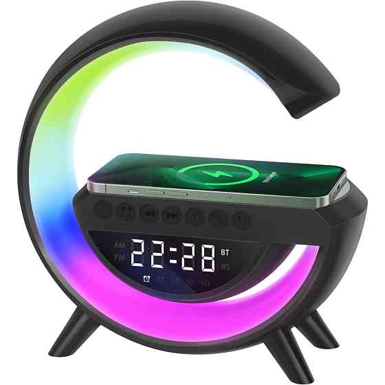 Лампа-нічник BT-3401, з бездротовою зарядкою, Чорний/Настільна лампа з колонкою та будильником Київ