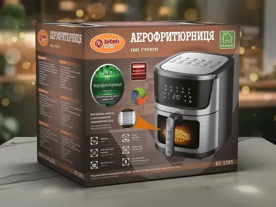 Аэрофритюрница BITEK BT-5395 14л 4800Вт, сенсорная, 2 ТЭНА, обзорное окно, 10 программ, черная Одесса