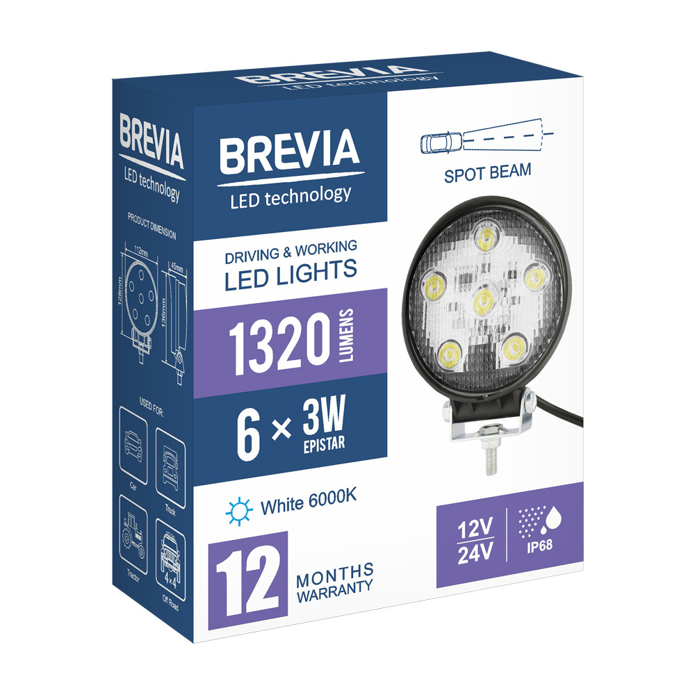 Фара светодиодная Brevia Epistar Spot 10-30V, 18W (6x3W), 1320Lm, 1шт (10621RSX1) Львов - изображение 7