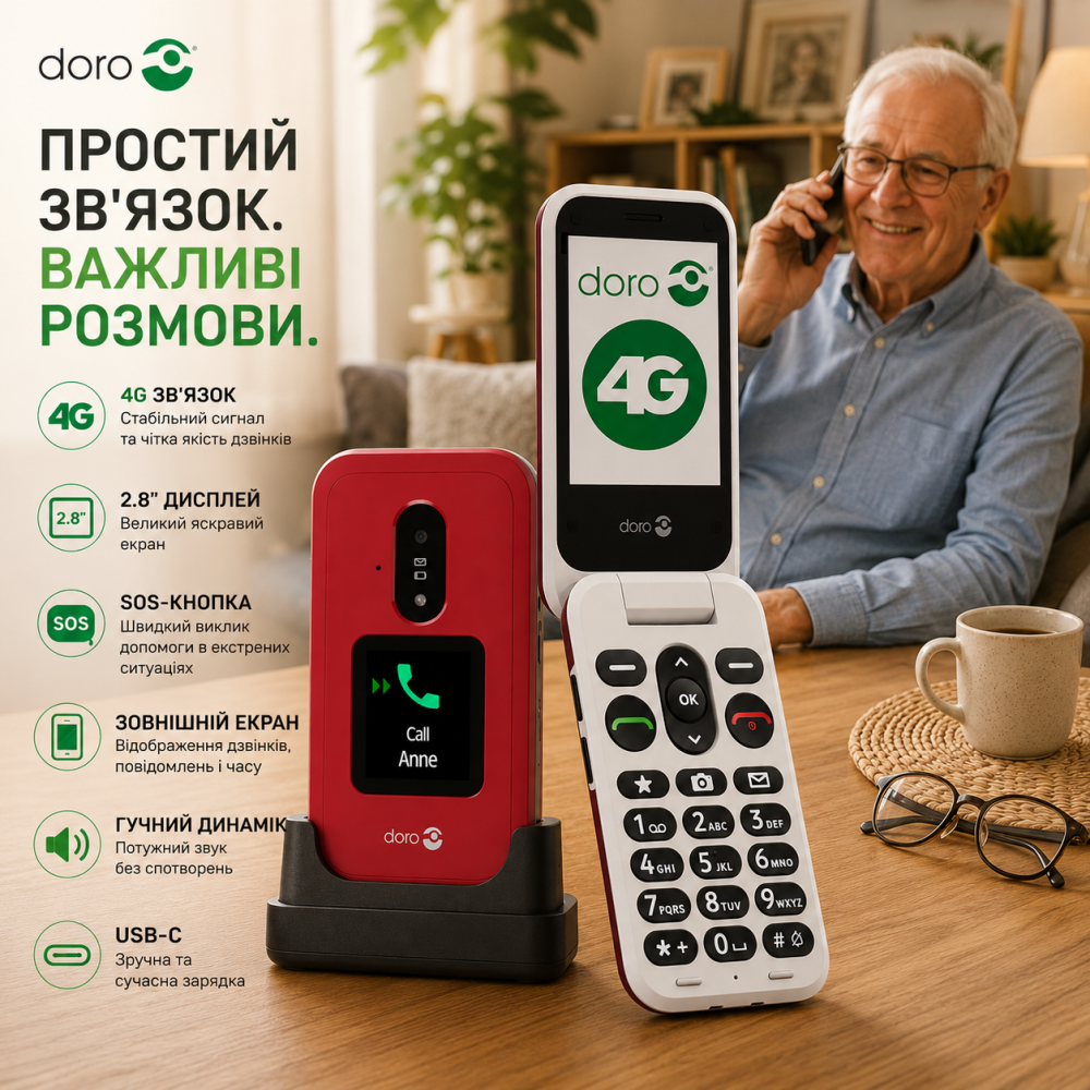 Мобильный телефон-раскладушка Doro Leva E30 4G для пожилых людей, 2.8