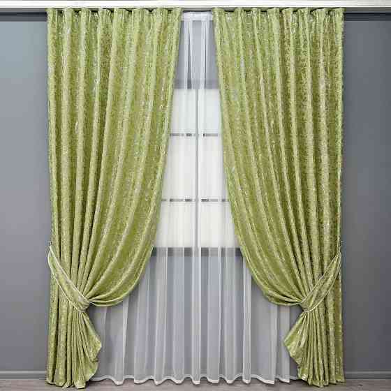 Комплект готових штор VR-Textil Льон мармур Royal Touch № 2011ш Світло-оливковий 200х270 см 2 шт (32-475) Київ