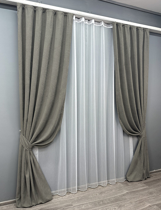 Комплект штор VR-Textil Мікровелюр Petek 200х270 2шт і Тюль 500х270 1702ш-1153т Сірий з білим 71-056/6 Київ - фото 2