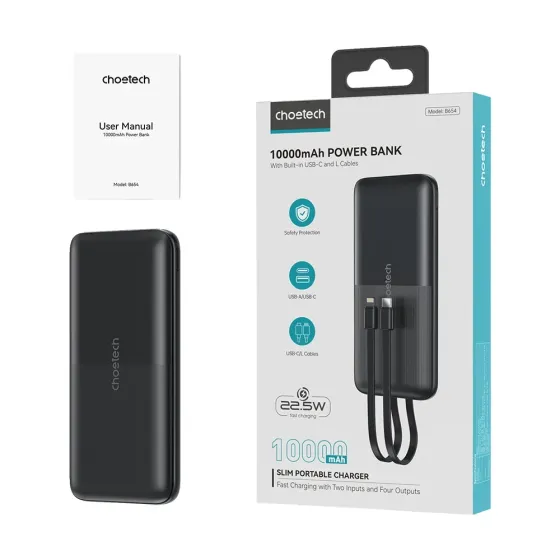 Повербанк 10000mAh Choetech B654 Black 22.5W QC3.0 PD3.0 вбудовані кабелі Type-C та Lightning (43-00147) Київ