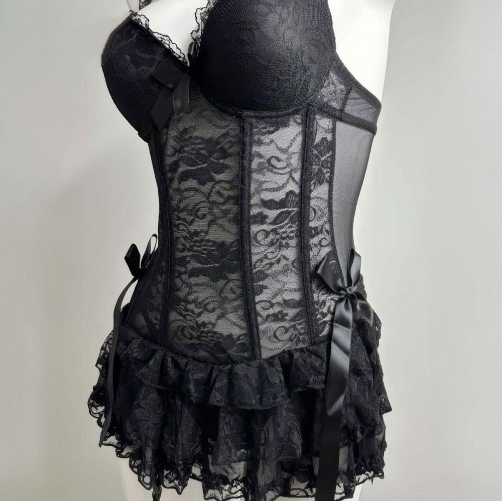 Еротичний комплект пеньюар та стрінги жіночі мереживні з прозорою сіткою XS/S Чорний Вінниця - фото 9